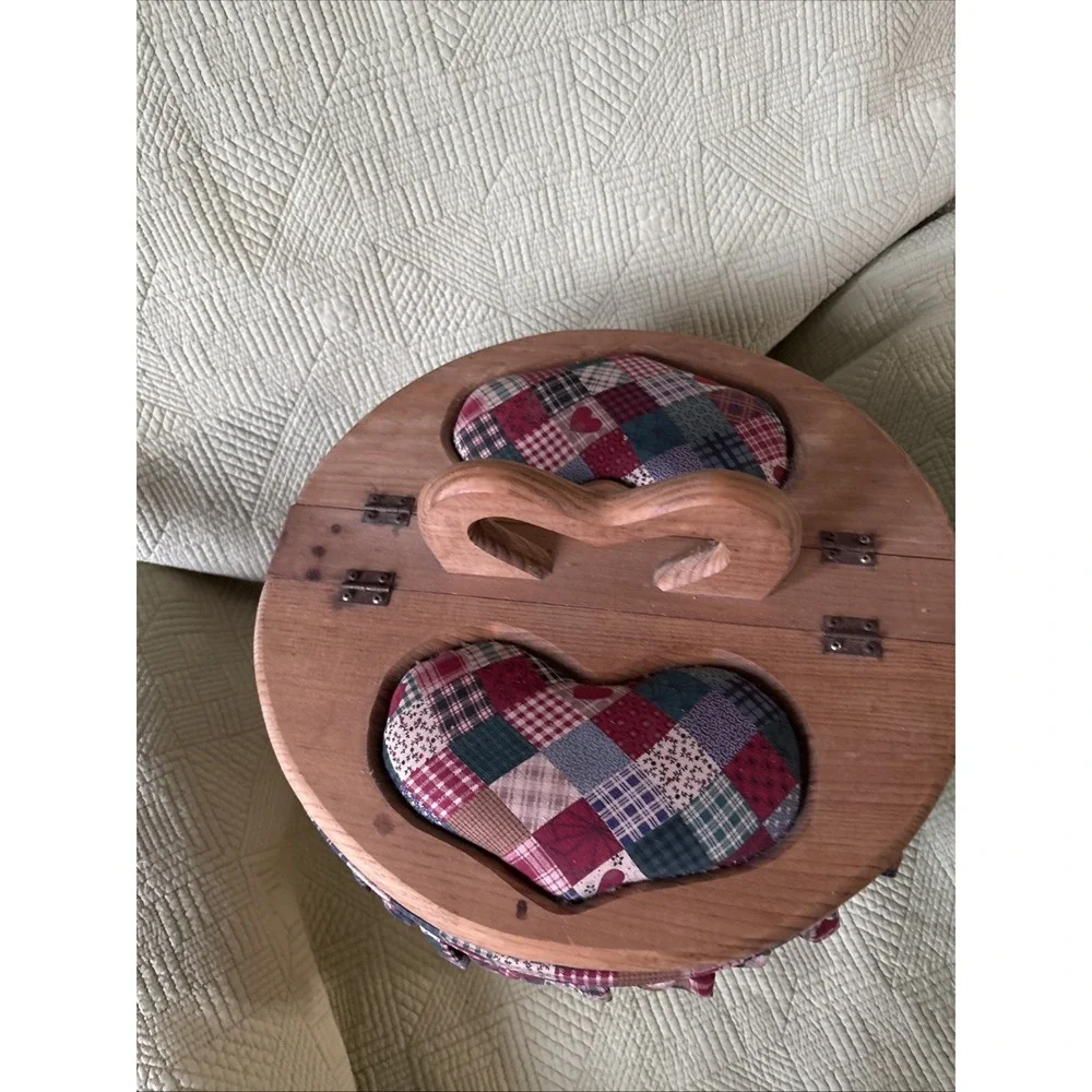 Vintage Bushel Sewing Basket Wooden DuelFlip Top Heart Handle Check Liner 14